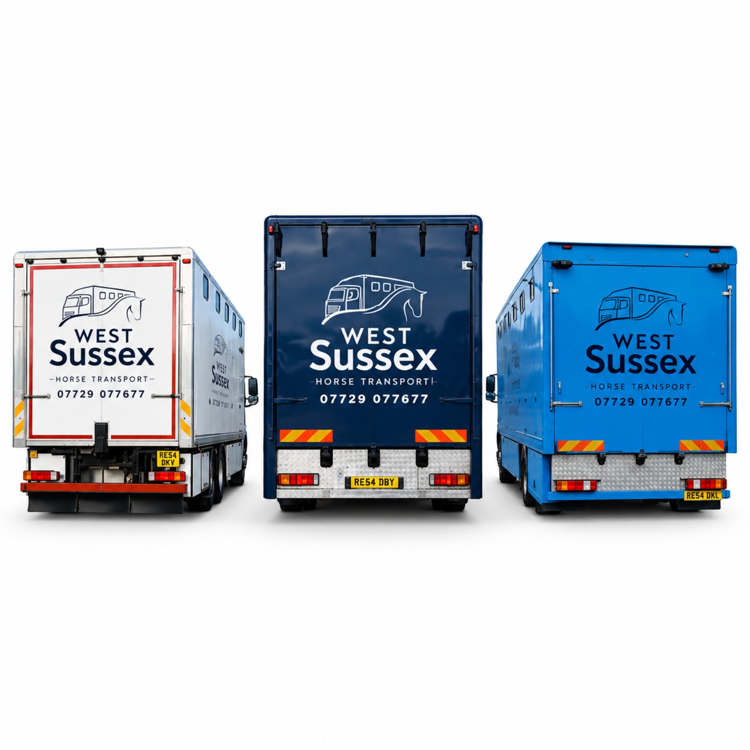 Rear view of our white, navy and blue branded horse transport lorries